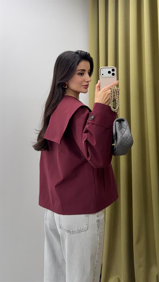 Geniş Yaka Düğmeli Bordo Ceket