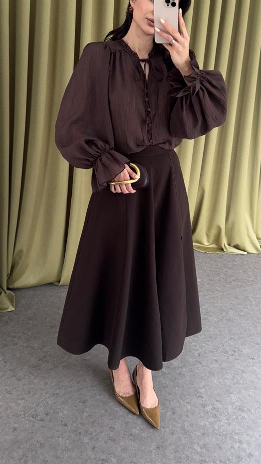 Godeli Yırtmaçlı Acı Kahve Etek