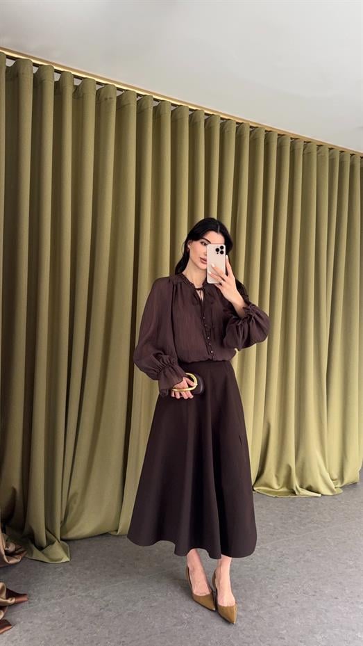 Godeli Yırtmaçlı Acı Kahve Etek