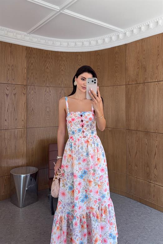 Göğüs Detaylı Pembe Çiçekli Elbise