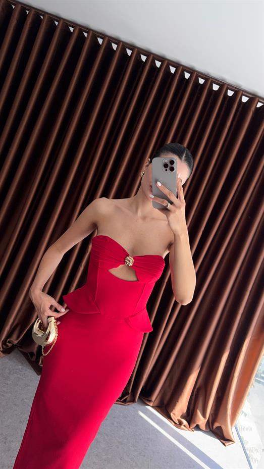 Göğüs Gold Detaylı Kırmızı Elbise