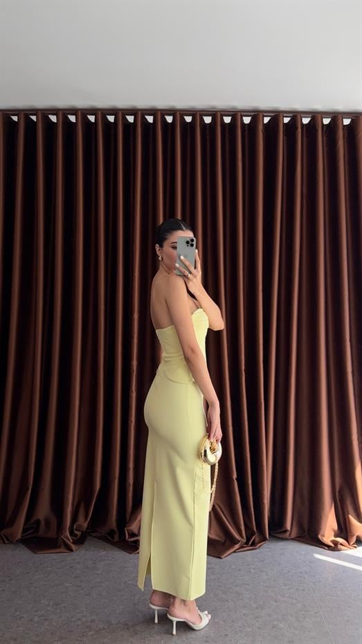 Göğüs Gold Detaylı Lime Elbise