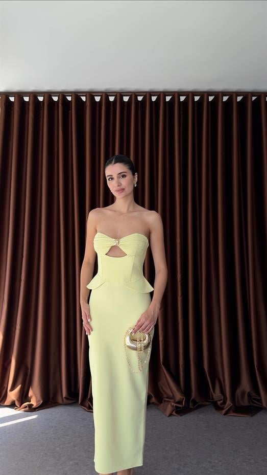 Göğüs Gold Detaylı Lime Elbise