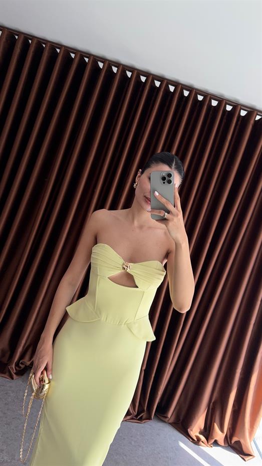 Göğüs Gold Detaylı Lime Elbise