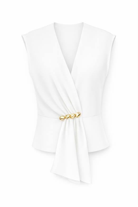 Gold Aksesuar Detaylı Sıfır Kol Beyaz Bluz