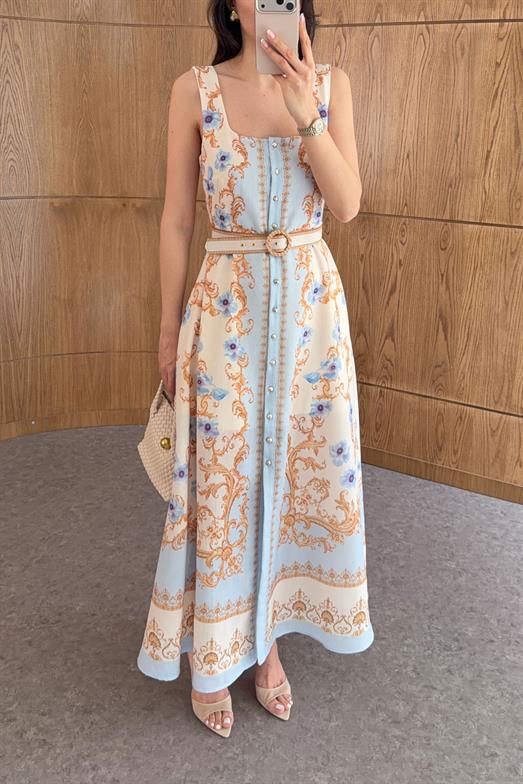 Gold Desenli Düğmeli Elbise