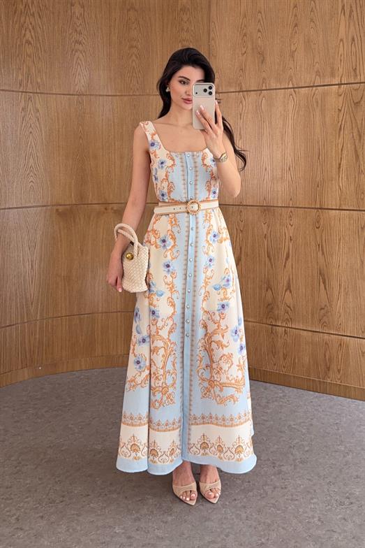 Gold Desenli Düğmeli Elbise