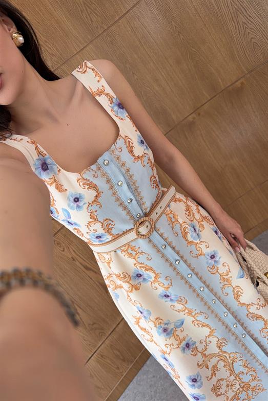 Gold Desenli Düğmeli Elbise