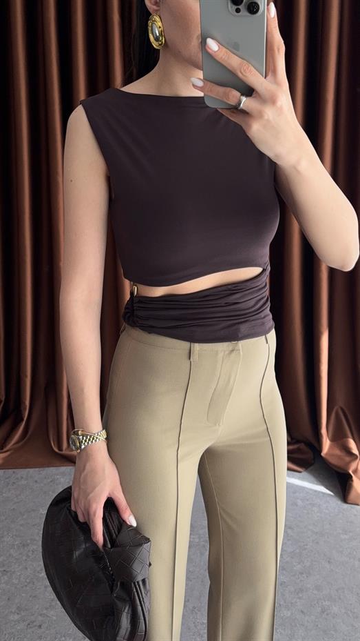 Gold Detaylı Acı Kahve Tasarım Bluz