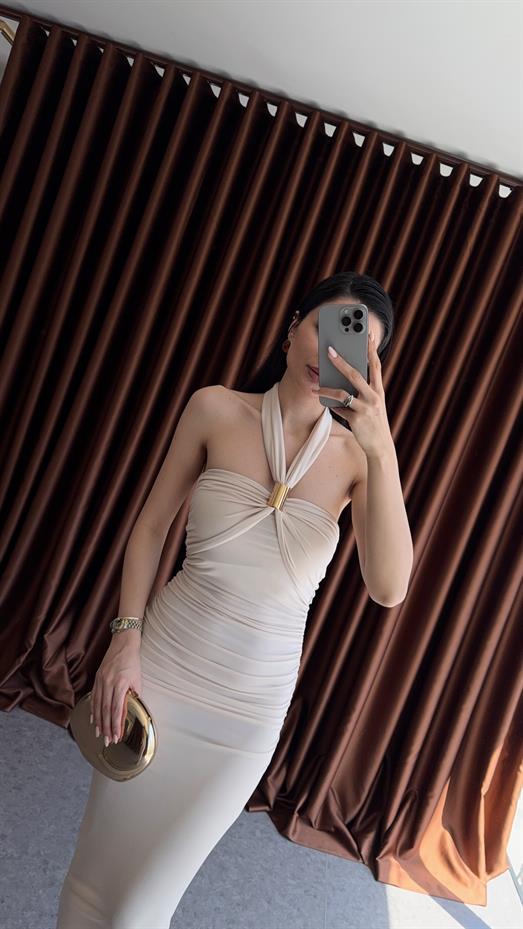 Gold Detaylı Bej Elbise