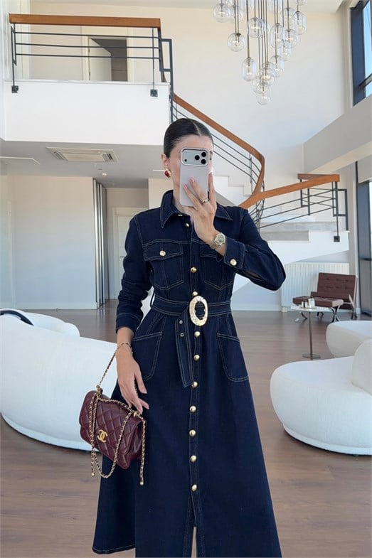 Gold Detaylı Kemerli Maxi Denim Elbise