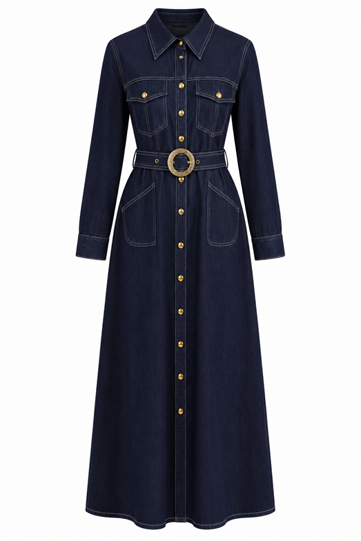 Gold Detaylı Kemerli Maxi Denim Elbise