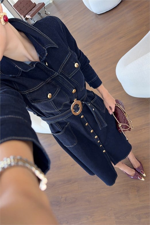 Gold Detaylı Kemerli Maxi Denim Elbise