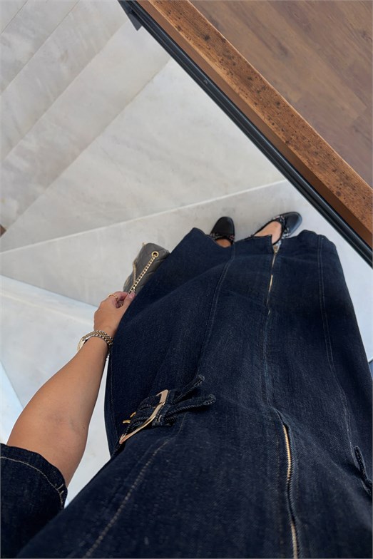 Gold Detaylı Likralı Denim Elbise