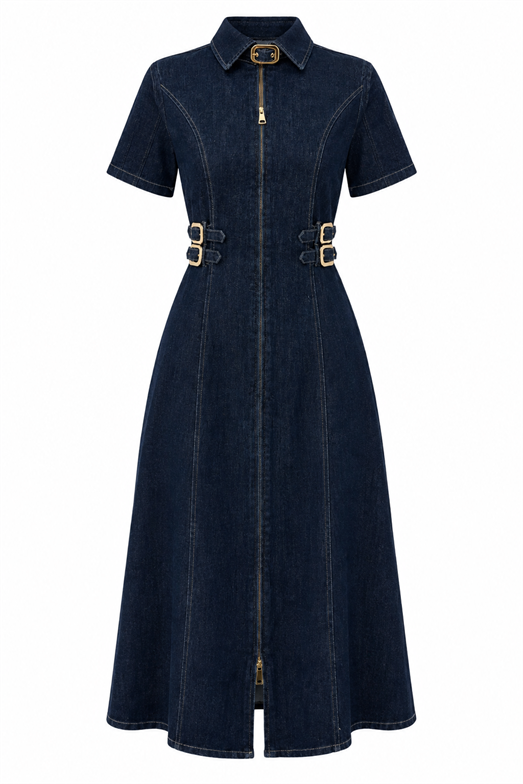 Gold Detaylı Likralı Denim Elbise