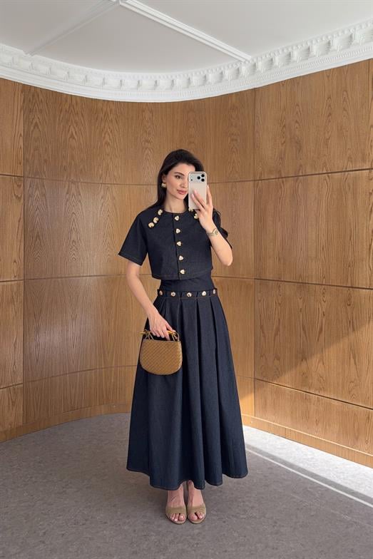 Gold Düğmeli 3lü Tasarım Denim Takım