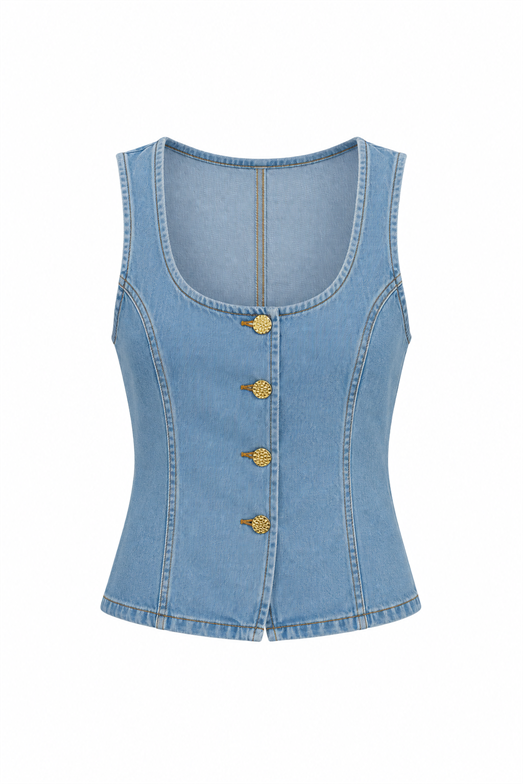 Gold Düğmeli Açık Mavi Denim Yelek