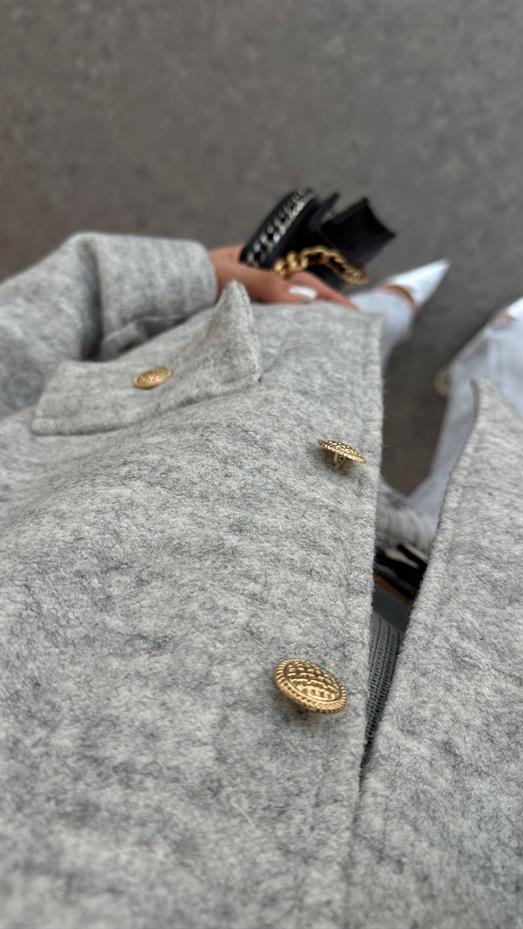 Gold Düğmeli Astarlı Dokulu Gri Ceket