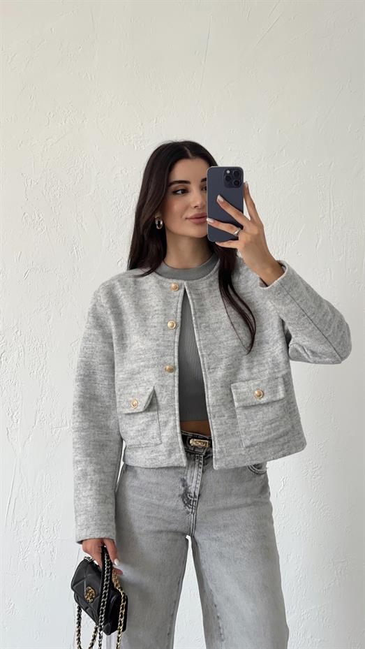 Gold Düğmeli Astarlı Dokulu Gri Ceket