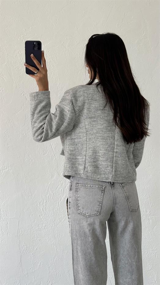 Gold Düğmeli Astarlı Dokulu Gri Ceket