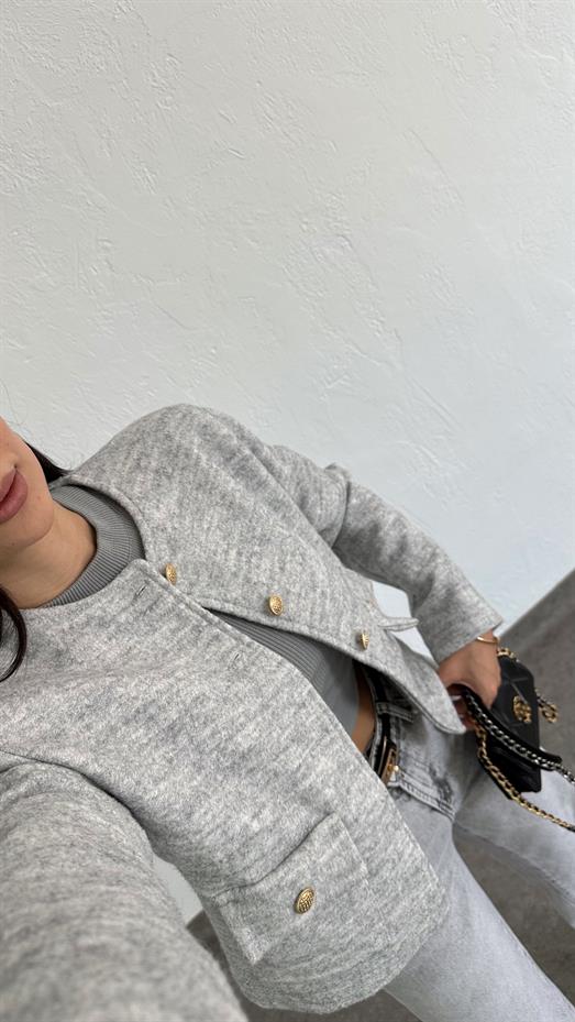 Gold Düğmeli Astarlı Dokulu Gri Ceket