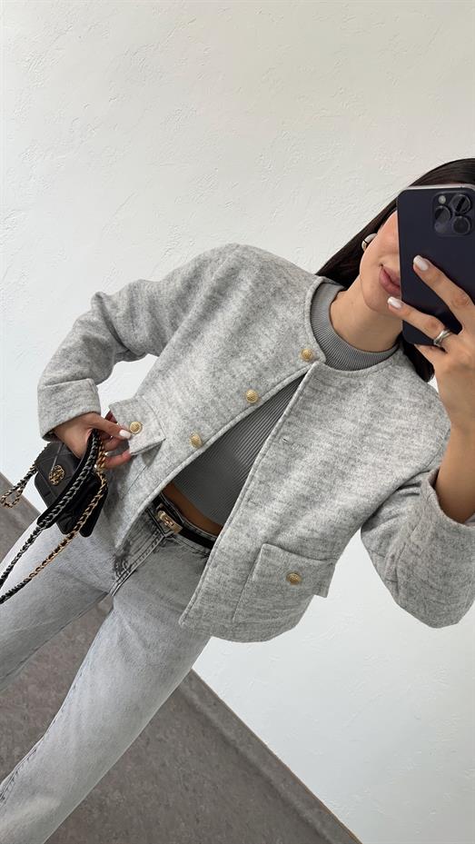 Gold Düğmeli Astarlı Dokulu Gri Ceket