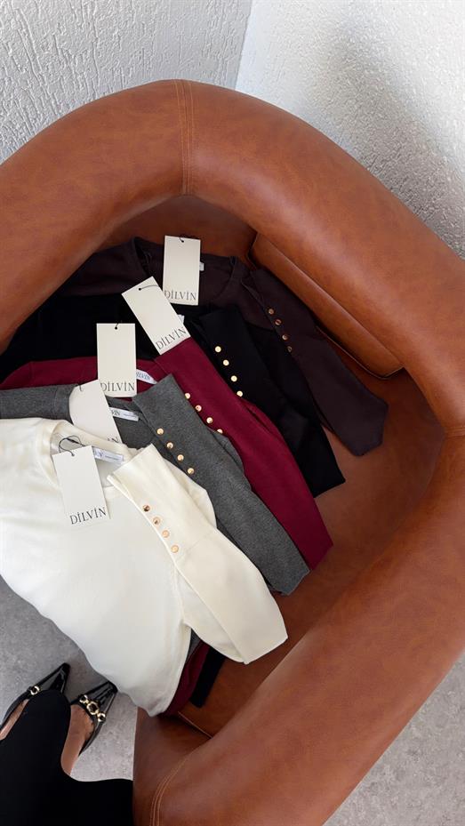 Gold Düğmeli Basic Acı Kahve Triko