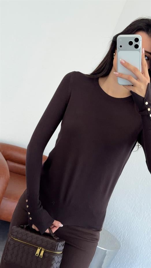 Gold Düğmeli Basic Acı Kahve Triko