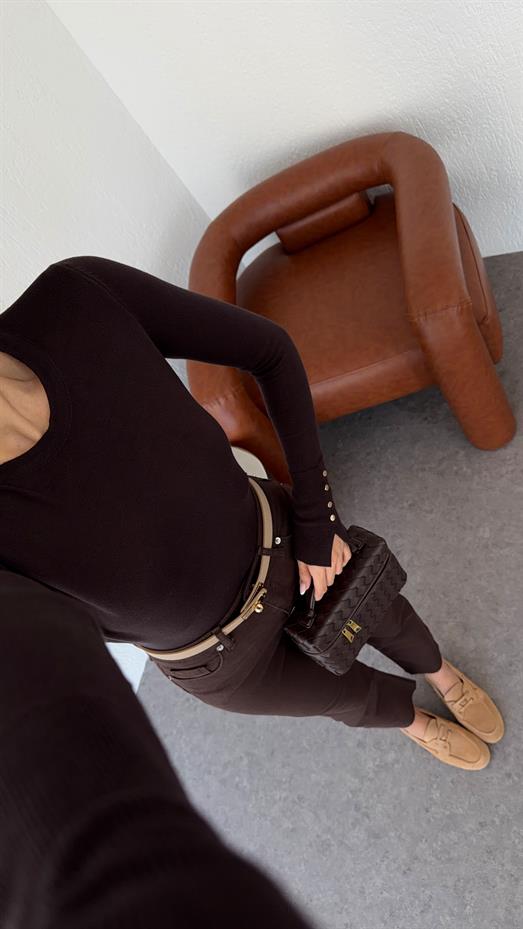 Gold Düğmeli Basic Acı Kahve Triko