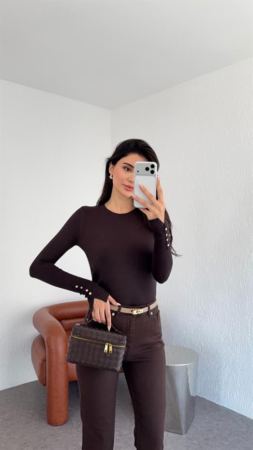 Gold Düğmeli Basic Acı Kahve Triko