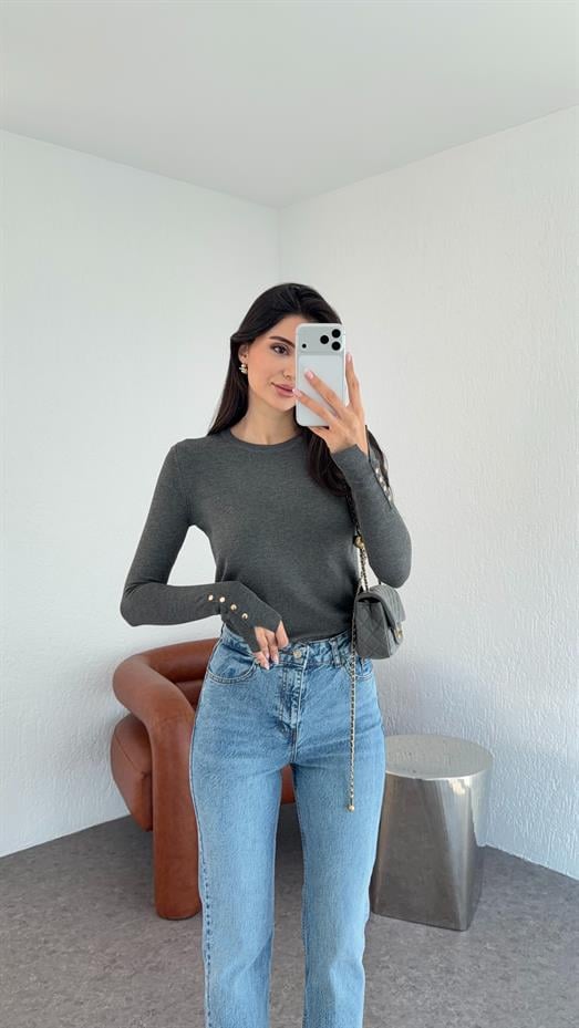 Gold Düğmeli Basic Antrasit Triko