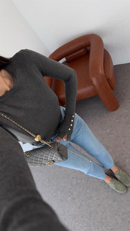 Gold Düğmeli Basic Antrasit Triko