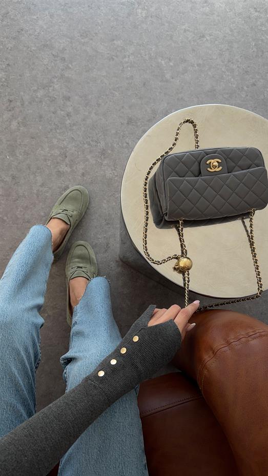 Gold Düğmeli Basic Antrasit Triko