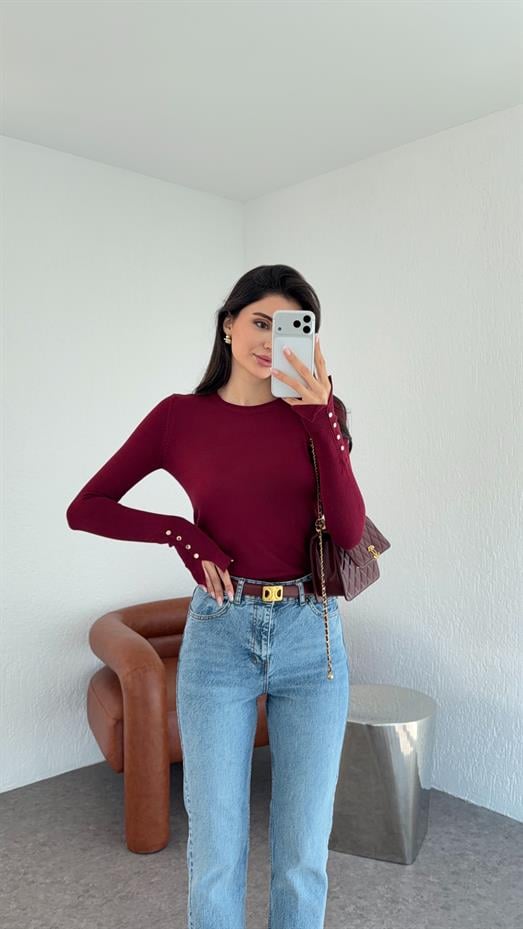 Gold Düğmeli Basic Bordo Triko