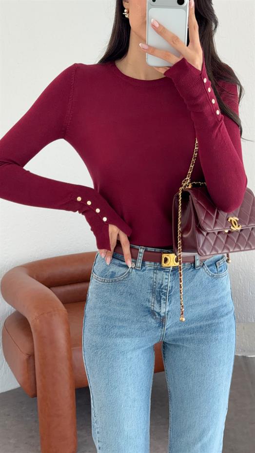 Gold Düğmeli Basic Bordo Triko