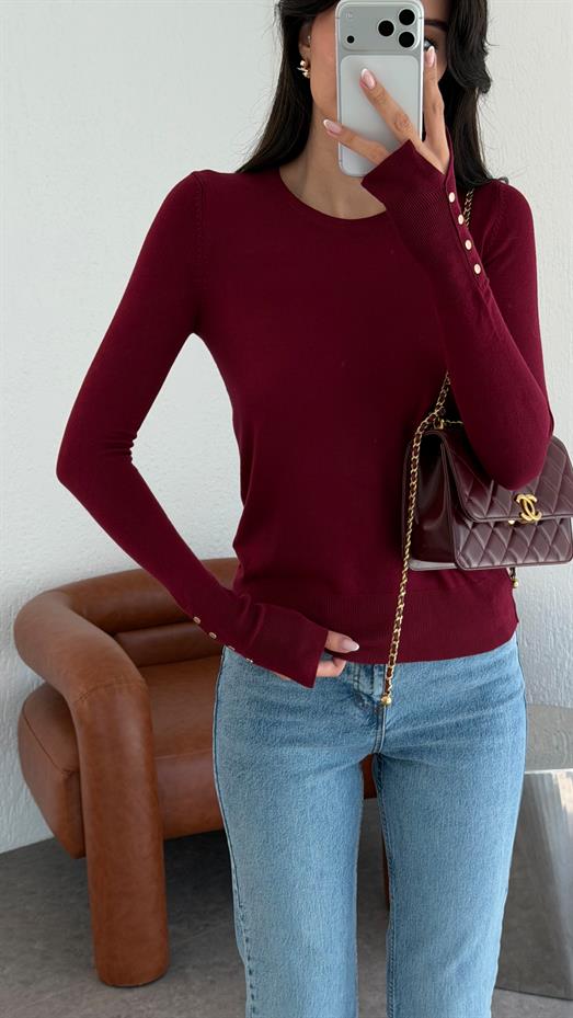 Gold Düğmeli Basic Bordo Triko