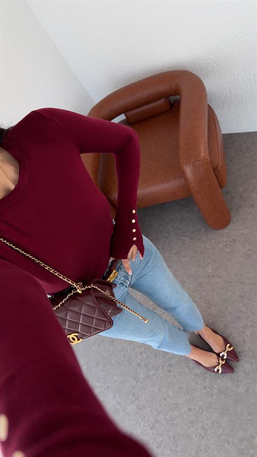 Gold Düğmeli Basic Bordo Triko