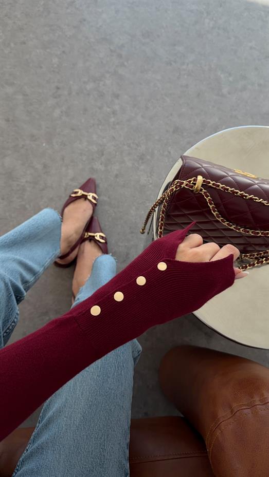 Gold Düğmeli Basic Bordo Triko