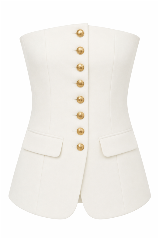 Gold Düğmeli Beyaz Straplez Yelek