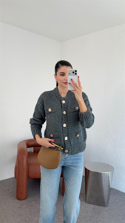 Gold Düğmeli Cepli Füme Premium Hırka