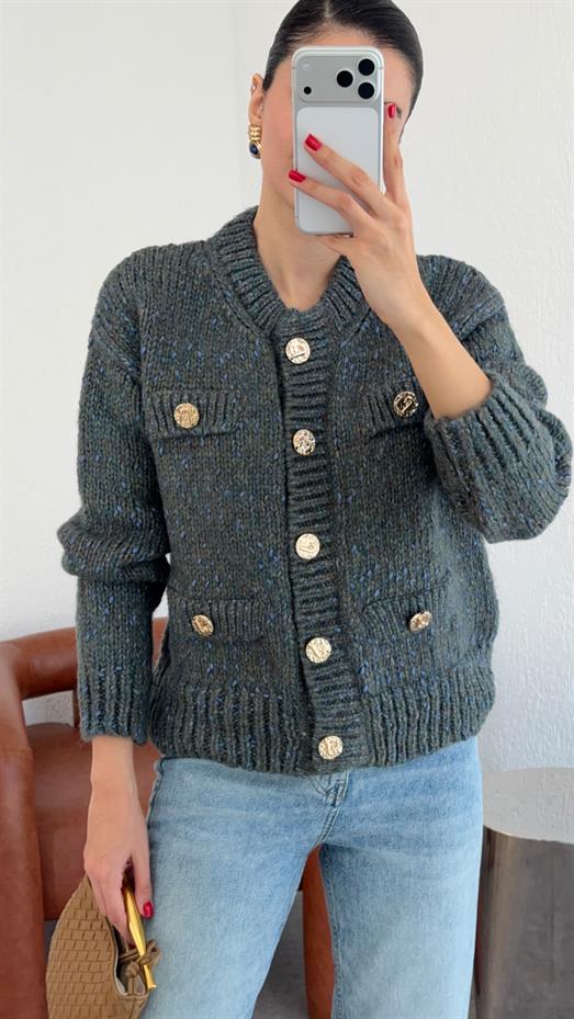 Gold Düğmeli Cepli Füme Premium Hırka