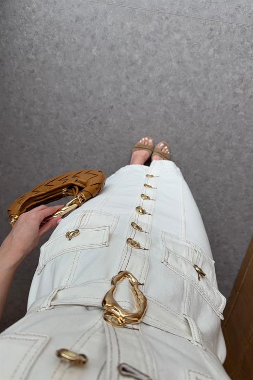 Gold Düğmeli Ekru Denim Elbise