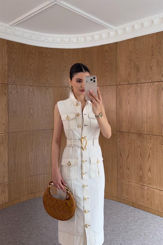 Gold Düğmeli Ekru Denim Elbise