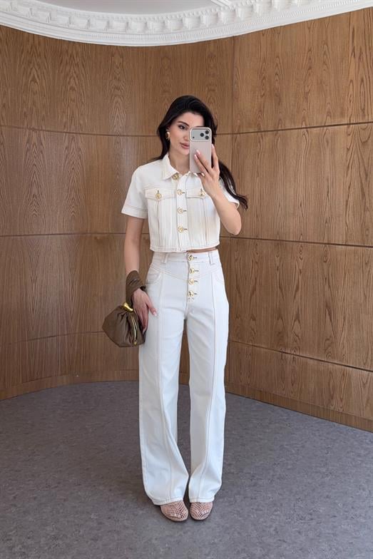 Gold Düğmeli Ekru Denim Takım