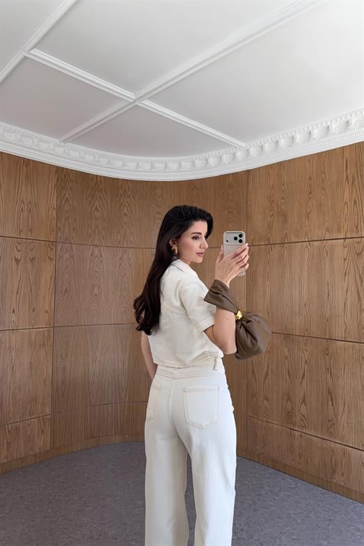 Gold Düğmeli Ekru Denim Takım