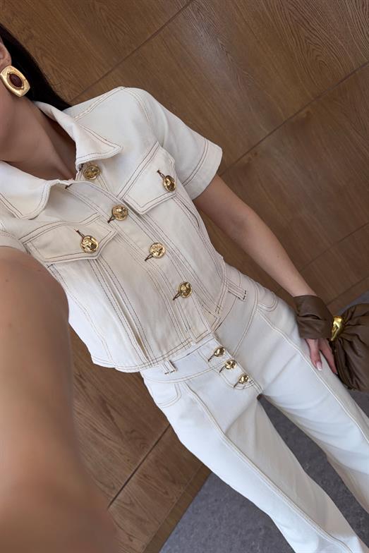 Gold Düğmeli Ekru Denim Takım