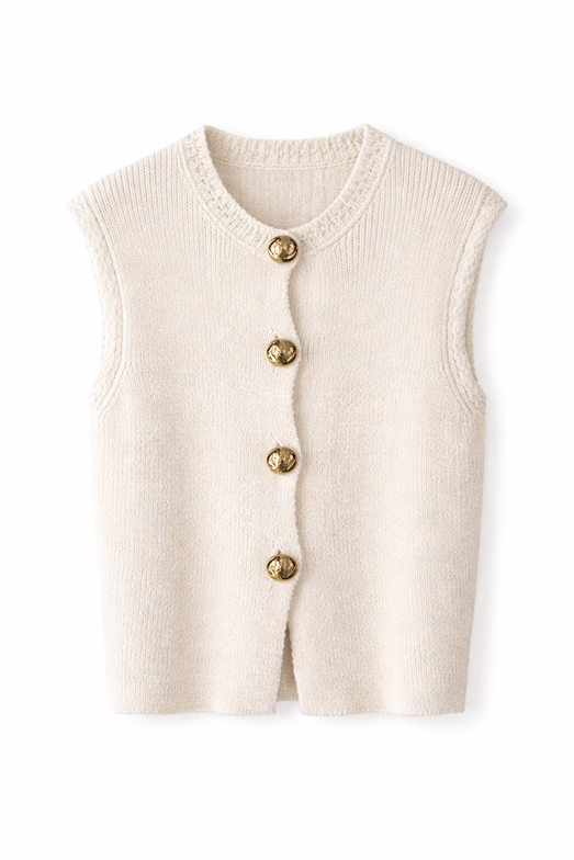 Gold Düğmeli Ekru Triko Yelek