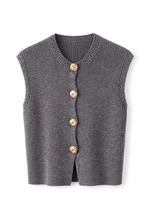 Gold Düğmeli Gri Triko Yelek