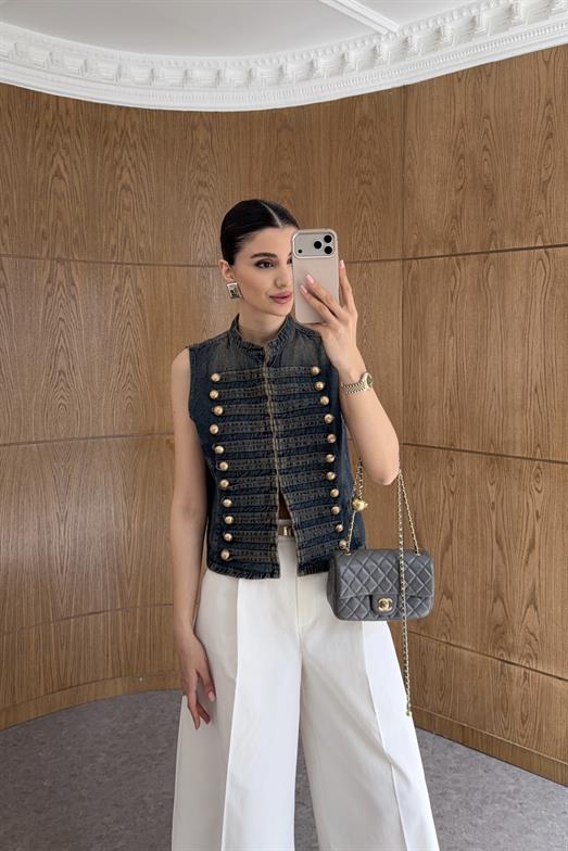 Gold Düğmeli Hakim Yaka Yıkamalı Denim Yelek