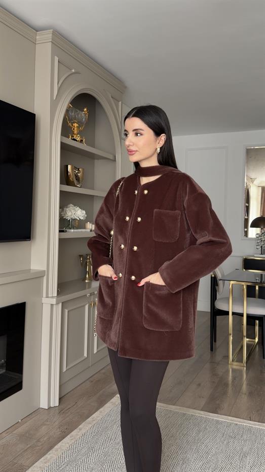 Gold Düğmeli Kahve Kısa Kürk Ceket